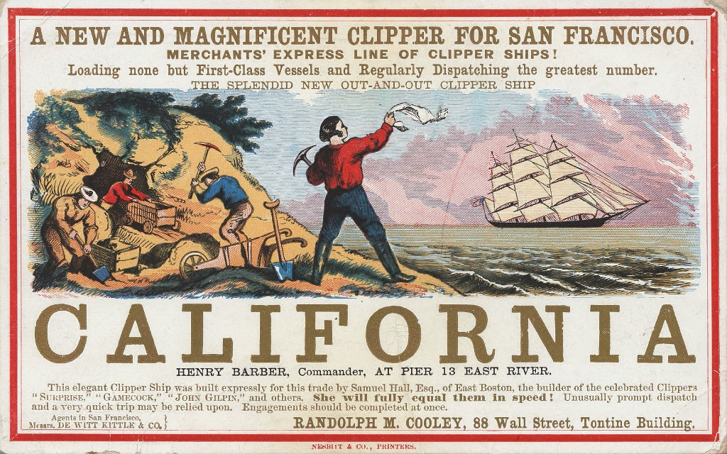 Werbung für einen Transport nach San Francisco, Kalifornien zur Zeit des Goldrausches